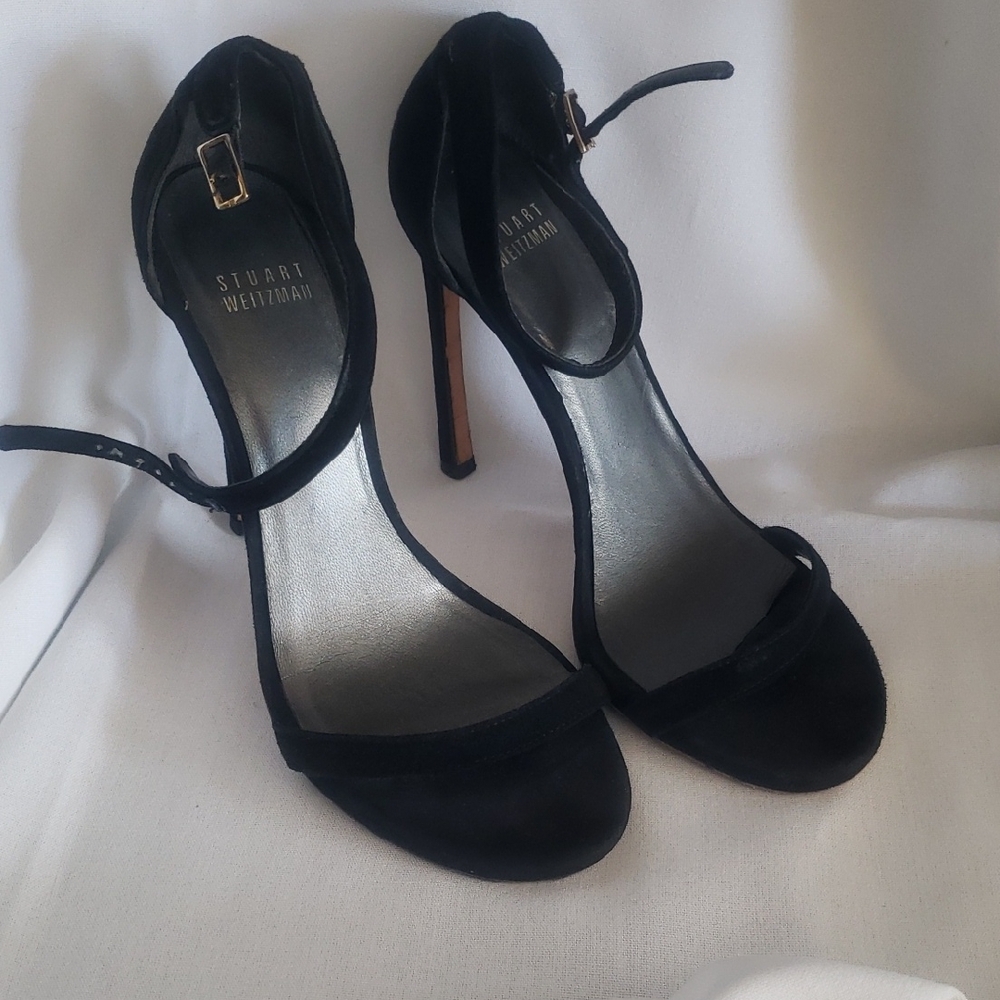 Stuart Weitzman Nudist Black Suede Open-Toe Ankle-Strap Stilettos 5" 6.5
